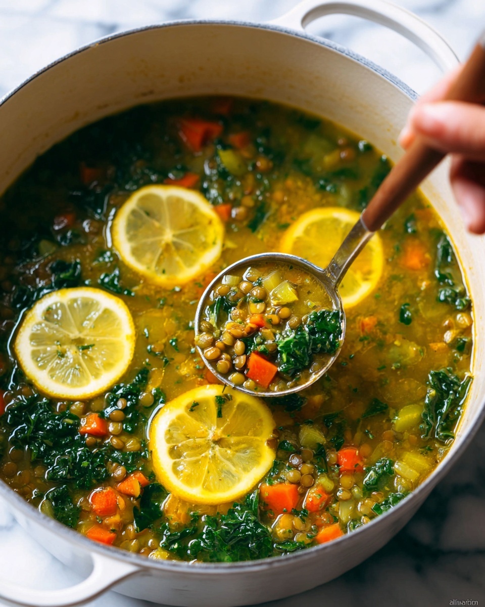 A white pot filled with a soup that has three main layers: the bottom layer is a clear yellow broth, the middle layer has green lentils mixed with small dark green kale leaves and bright orange carrot cubes, and on top, thin slices of lemon and fresh dill leaves float. A ladle is partly submerged in the soup, held by a woman's hand, showing the mix of textures and colors clearly. The pot sits on a white marbled surface. photo taken with an iphone --ar 4:5 --v 7