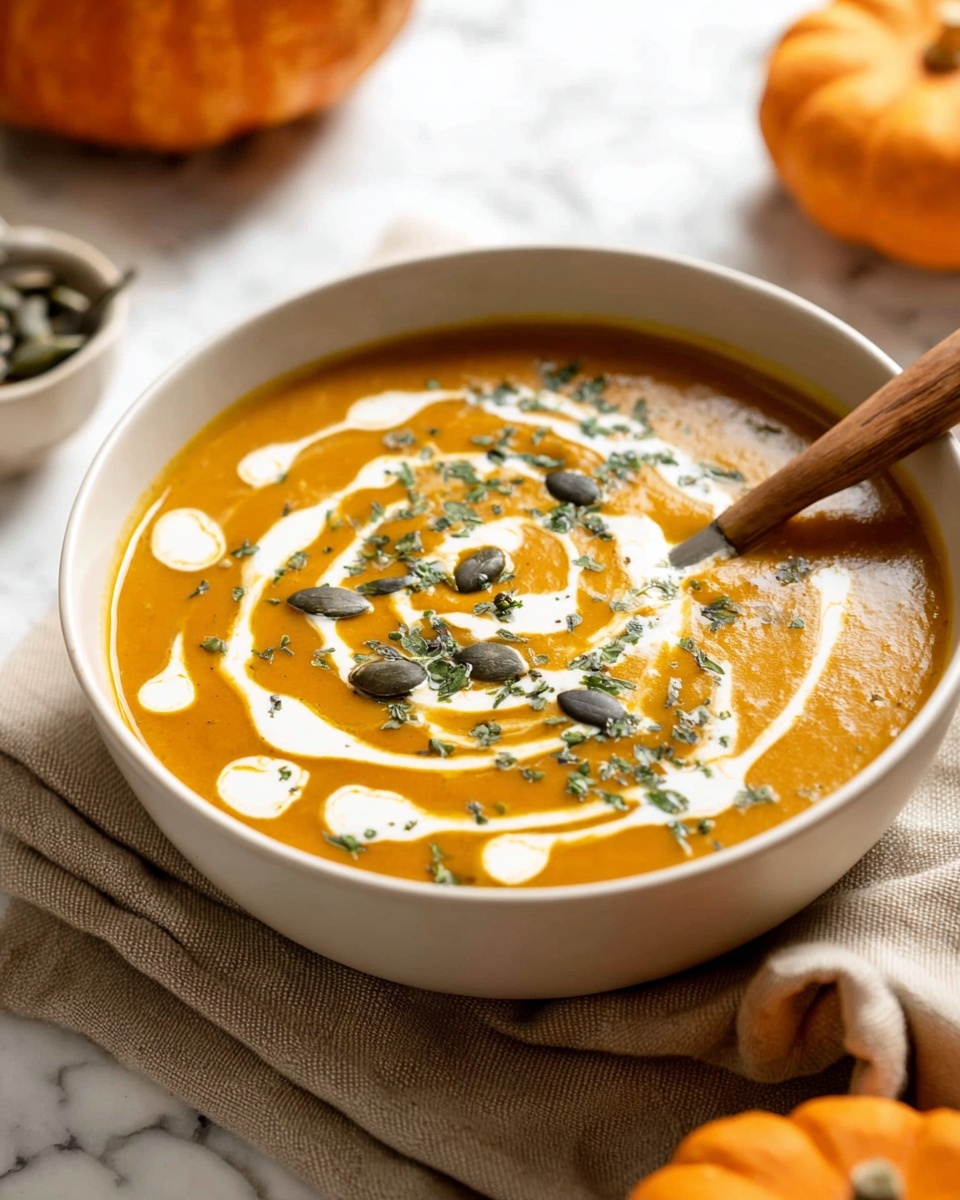 A bowl of thick orange pumpkin soup fills the frame, topped with white cream swirled artistically across the surface in a loose spiral pattern. Scattered green pumpkin seeds and small herb flakes float on top, adding texture and color contrast. The soup sits in a white bowl with a wooden spoon partially dipping into the soup at the bottom edge. The background features a beige cloth and small orange pumpkins placed on a white marbled surface, creating a warm, cozy mood. Photo taken with an iphone --ar 4:5 --v 7