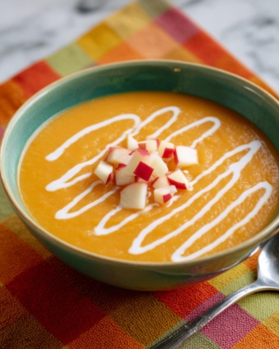 A bowl of smooth orange soup fills a green bowl placed on a white plate that holds a colorful striped cloth with orange, yellow, and green lines. The soup is decorated with thin white cream lines spread horizontally across the surface and small cubes of apple with red skin scattered in the middle on top of the cream. A silver spoon sits on the plate next to the bowl. The whole setting is on a white marbled surface. photo taken with an iphone --ar 4:5 --v 7