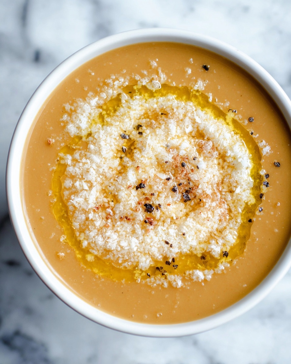 A close-up view of a creamy light beige soup in a white bowl, topped with a layer of small white granules spread unevenly across the surface, with drizzles of shiny yellow oil creating a swirl pattern on top. Tiny black specks of seasoning are scattered over the garnish, adding texture and contrast. The bowl sits on a white marbled surface, enhancing the clean look of the dish, photo taken with an iphone --ar 4:5 --v 7