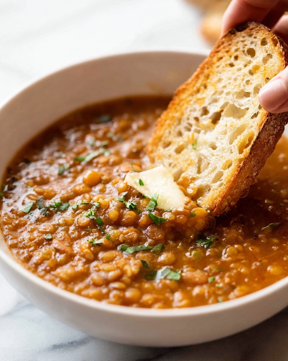 A close-up image shows a white bowl filled with a thick layer of brown lentil stew, which has a slightly chunky texture with soft lentils visible. Small green parsley pieces are scattered on top of the stew, adding a touch of color. A toasted bread slice with a light golden-brown crust is being dipped halfway into the stew by a woman's hand, with the bread’s porous texture clearly visible. The bowl sits on a white marbled surface. Photo taken with an iphone --ar 4:5 --v 7