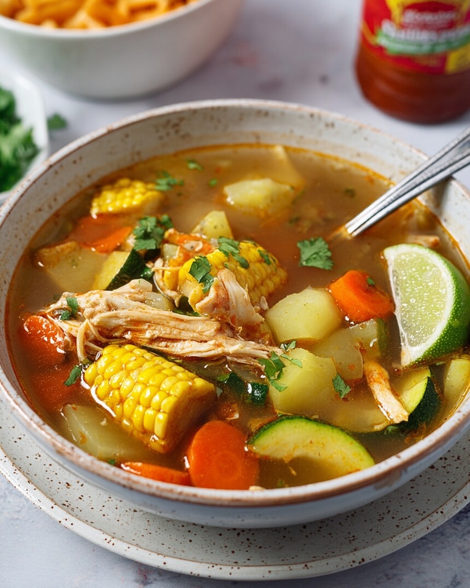 A deep bowl filled with a clear broth soup contains several layers of ingredients. The bottom layer has pieces of green zucchini, orange carrot chunks, and light green celery. Floating near the middle are shredded pieces of light-colored cooked chicken and a bright yellow corn cob section. A fresh green lemon slice and some cilantro leaves sit on the surface at the edge of the bowl. A metal spoon rests inside the soup on the right side. The bowl is white marbled and the soup contrasts with its clean look. In the background, there is a white marbled surface with a glimpse of another plate with food and a bottle. Photo taken with an iphone --ar 4:5 --v 7