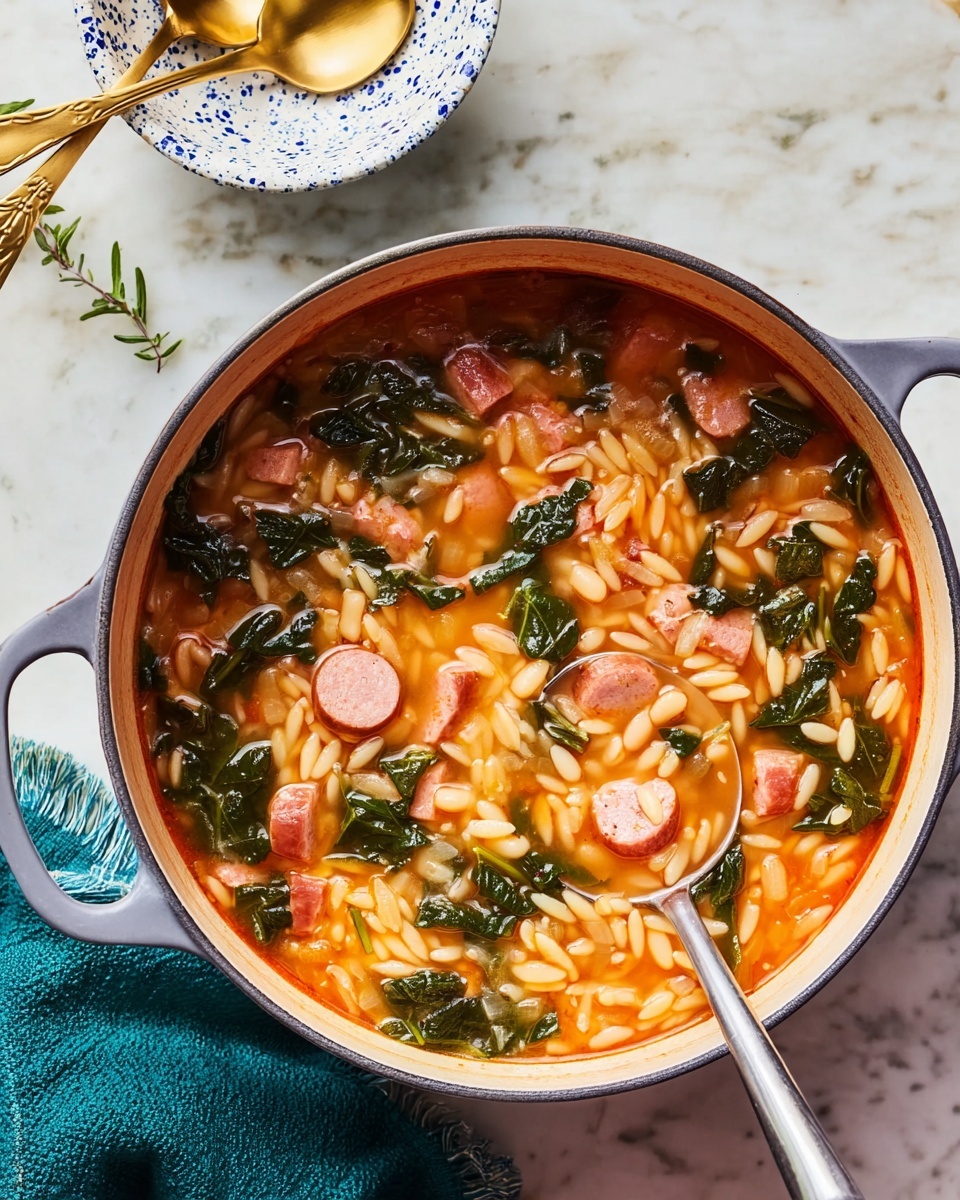 A large light gray pot filled with a thick soup that has visible layers: chunks of pink meat, white beans, small rice-shaped pasta, and dark green leafy vegetables all mixed in a rich orange broth. A metal ladle rests inside the pot on the right side. The pot sits on a white marbled surface with a folded teal cloth near the bottom right corner. At the top left, part of a white bowl with blue spots and a gold spoon is visible, along with a small bowl of green herbs and a glass with a light drink near the top right. Photo taken with an iphone --ar 4:5 --v 7