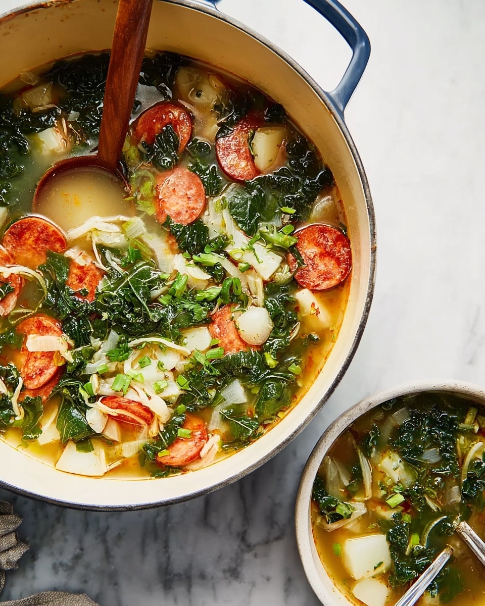 A large white pot with blue handles filled with soup that has three main visible layers: a clear golden broth as the base, scattered chunks of white potato and pale onion slices floating, and dark green leafy kale mixed with bright red slices of sausage on top. A wooden spoon is partly dipped into the soup, resting in the pot. Next to the pot is a small white bowl with the same soup inside, showing the same layers and ingredients, and a silver spoon is placed in the bowl. The background and surface are a smooth white marble texture. Photo taken with an iphone --ar 4:5 --v 7