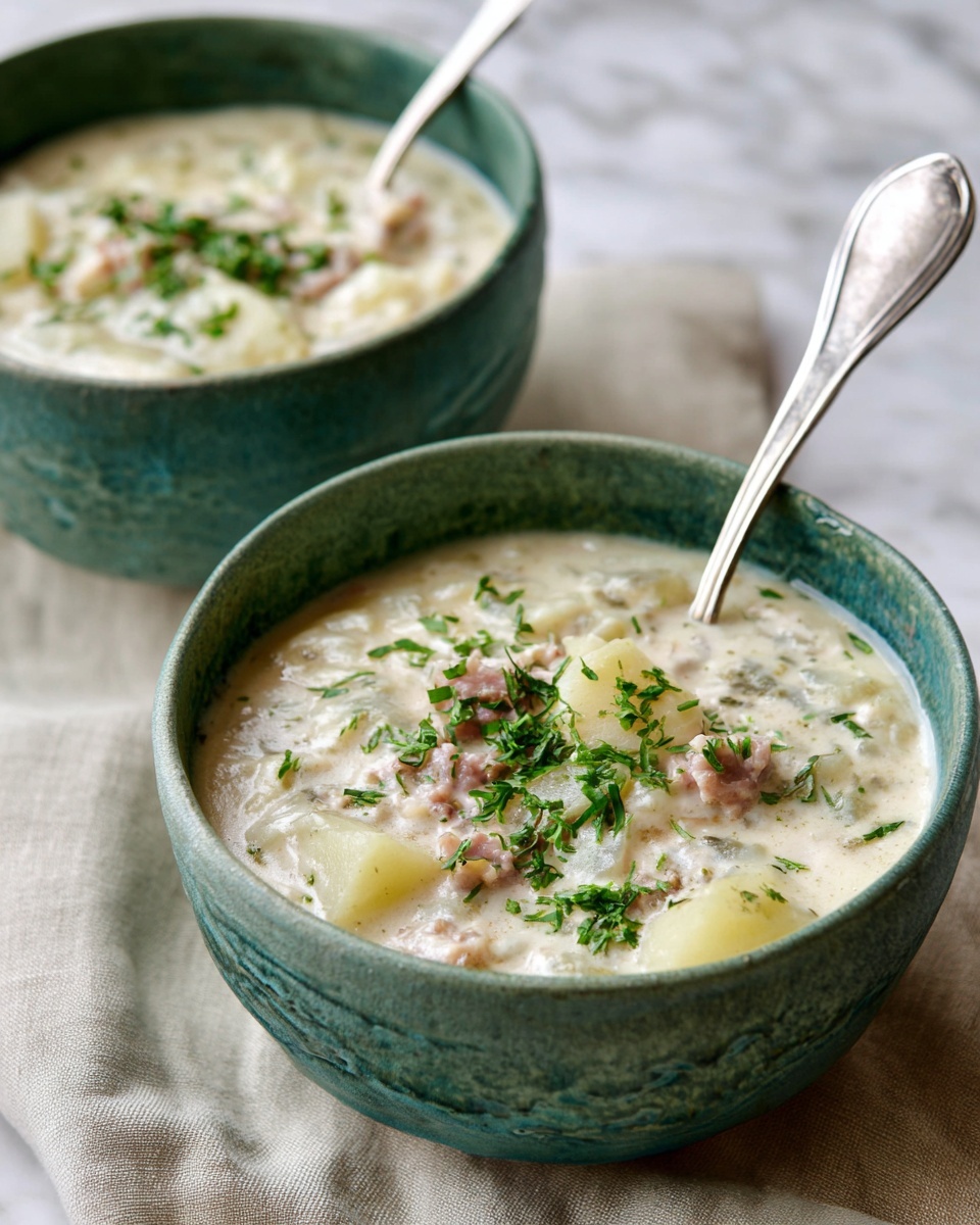 Two white bowls filled with creamy thick soup that has visible chunks of light beige potatoes and small pieces of pink meat. The soup surface is sprinkled with fresh chopped green herbs. Each bowl has a silver spoon inside with ornate handles, resting gently on or in the soup. The bowls are placed on a white cloth with thin blue stripes, set on a surface with a white marbled texture. The photo focuses on the front bowl, making the background bowl slightly blurred. photo taken with an iphone --ar 4:5 --v 7