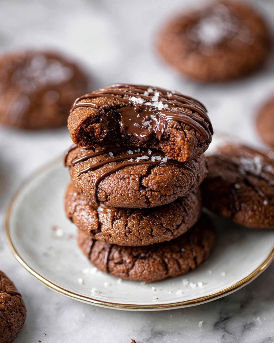 A stack of four round chocolate cookies sits on a white plate with a thin gold rim, placed on a white marbled surface. The top cookie has a bite taken out, showing a soft, dark chocolate center. Each cookie is dark brown with a slightly crumbly texture, and they all have glossy drizzles of chocolate on top. A few crystals of coarse salt are sprinkled over the top cookie, enhancing the look. In the blurry background, more cookies spread out on the same white marbled surface. photo taken with an iphone --ar 4:5 --v 7