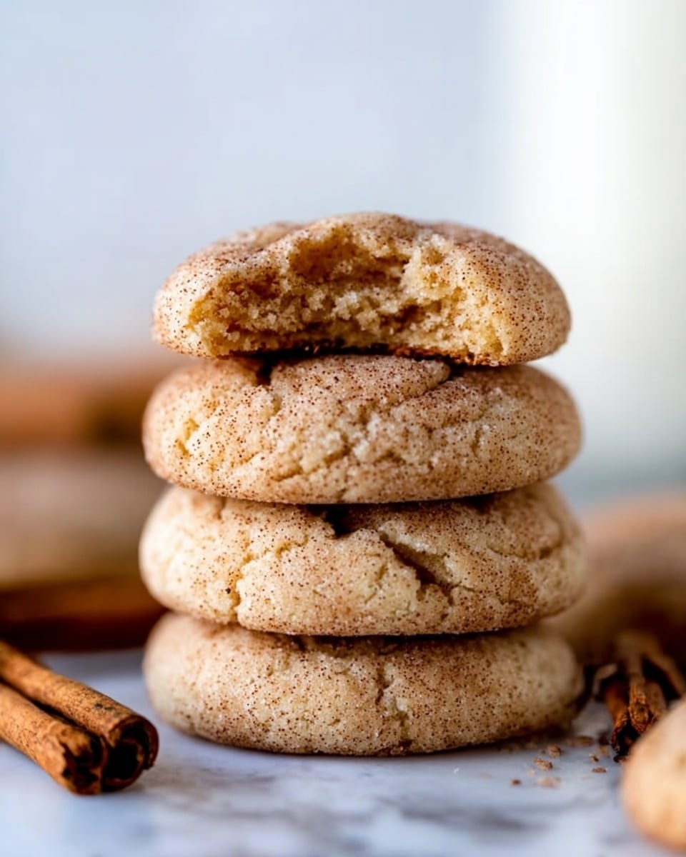 A close-up view of a stack of four soft, round cookies with cracked tops, showing a light brown color dusted with sugar and cinnamon. The top cookie is broken in half, revealing a crumbly, tender inside with a slightly chewy texture. The cookies rest on a white marbled surface, with cinnamon sticks lying nearby for decoration. The background is softly blurred in white tones, focusing attention on the cookies. Photo taken with an iphone --ar 4:5 --v 7