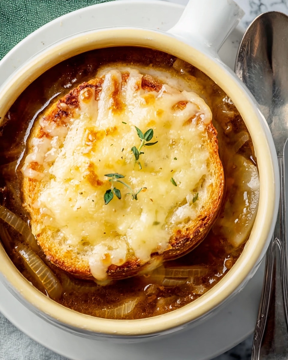 A white bowl filled with dark brown onion soup topped with soft cooked onions and melted light yellow cheese. In the center, a round toasted bread slice covered in melted cheese rests on the soup surface. Small green herb leaves are scattered on the cheese and soup. The bowl is placed on a green plate, all on a white marbled surface with part of a silver spoon and a blue dish visible nearby. photo taken with an iphone --ar 4:5 --v 7