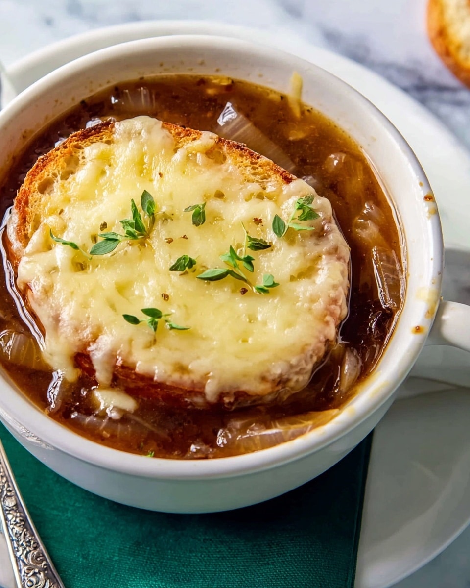 A white bowl filled with dark brown soup with visible cooked onion slices, topped with a round slice of toasted bread. On the bread, there is a thick layer of melted light yellow cheese that almost covers the bread completely. Small green herb sprigs sit on top of the cheese as garnish. The bowl is placed on a white marbled surface with a silver spoon to the right side. photo taken with an iphone --ar 4:5 --v 7