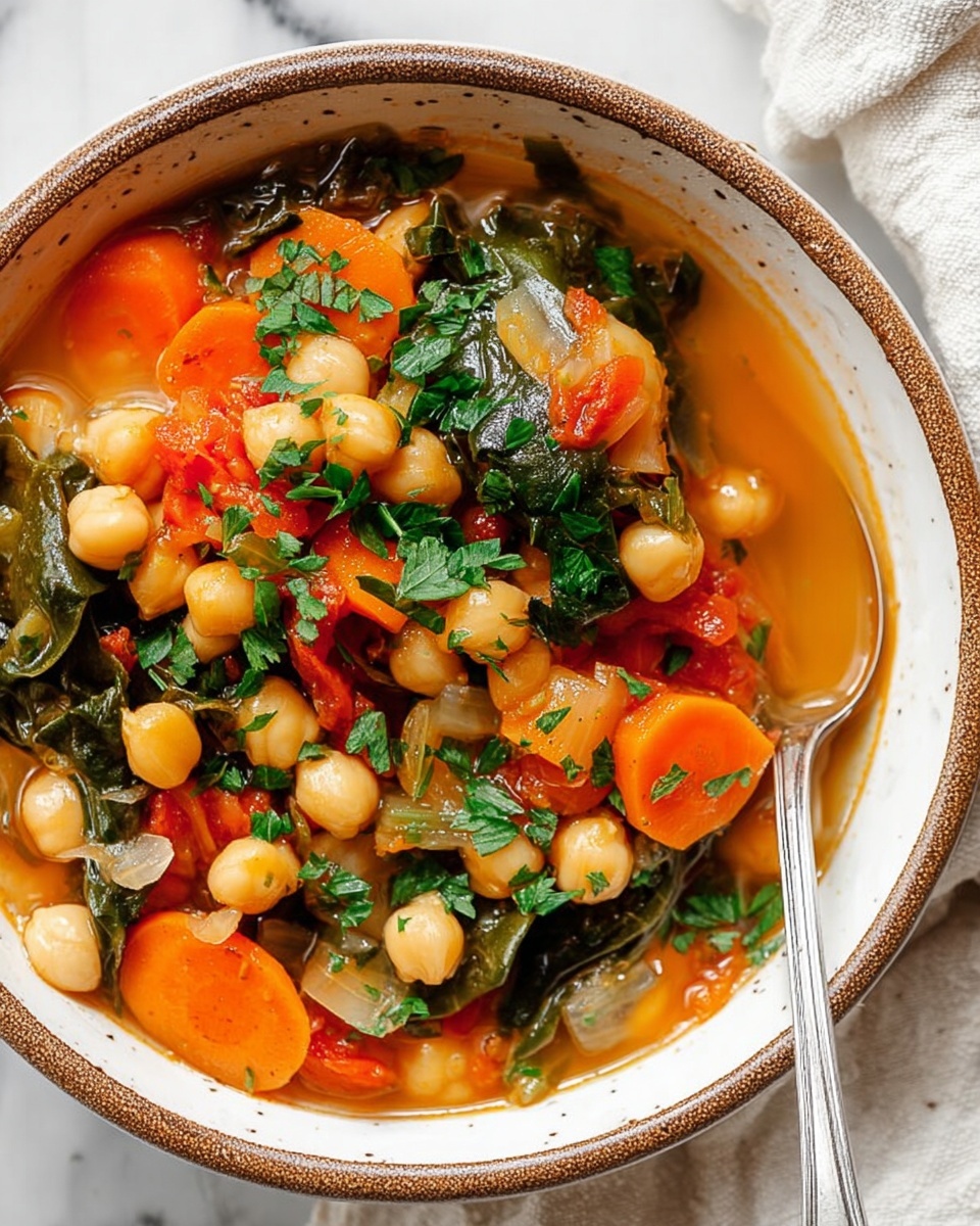 A white bowl filled with a colorful stew showing several layers: at the base, a reddish-orange broth, above it a mix of chickpeas that are light beige, large chunks of orange carrots, green leafy spinach, small pieces of pale celery, translucent white onion, and red tomato chunks. Fresh green parsley leaves are sprinkled on top for garnish. An old silver spoon lies inside the bowl on the right side, and the bowl sits on a white marbled surface with a white cloth nearby. photo taken with an iphone --ar 4:5 --v 7