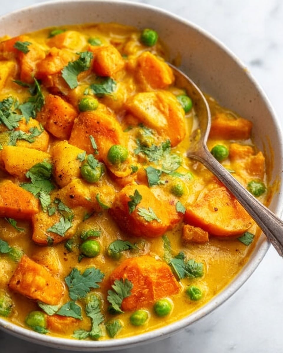 A close-up view of a white bowl filled with a thick orange-yellow curry containing round carrot slices, chunks of soft potatoes, and green peas scattered throughout. The curry has a creamy texture and some small green cilantro leaves sprinkled on top. A silver spoon is partially placed inside the bowl on the left side. The bowl sits on a white marbled surface. Photo taken with an iphone --ar 4:5 --v 7