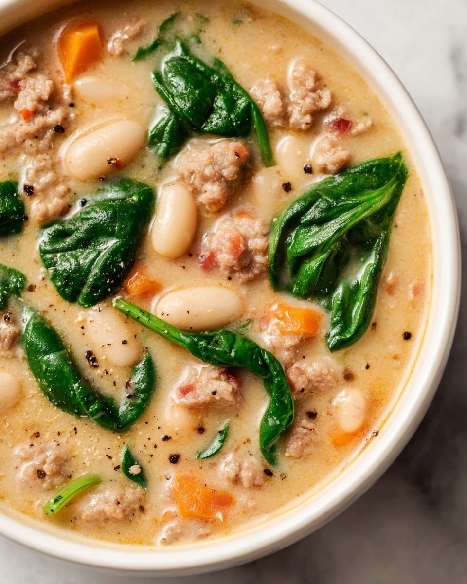 A close-up view of a creamy soup served in a white bowl filled with three main layers: bright orange chunks of carrot, white beans, and green leafy spinach scattered throughout. The soup base is thick and light yellow in color, with bits of shredded light brown sausage mixed in. A spoon rests inside the bowl, partially submerged. The bowl sits on a white marbled surface with part of a second bowl blurred out in the background. Photo taken with an iphone --ar 4:5 --v 7