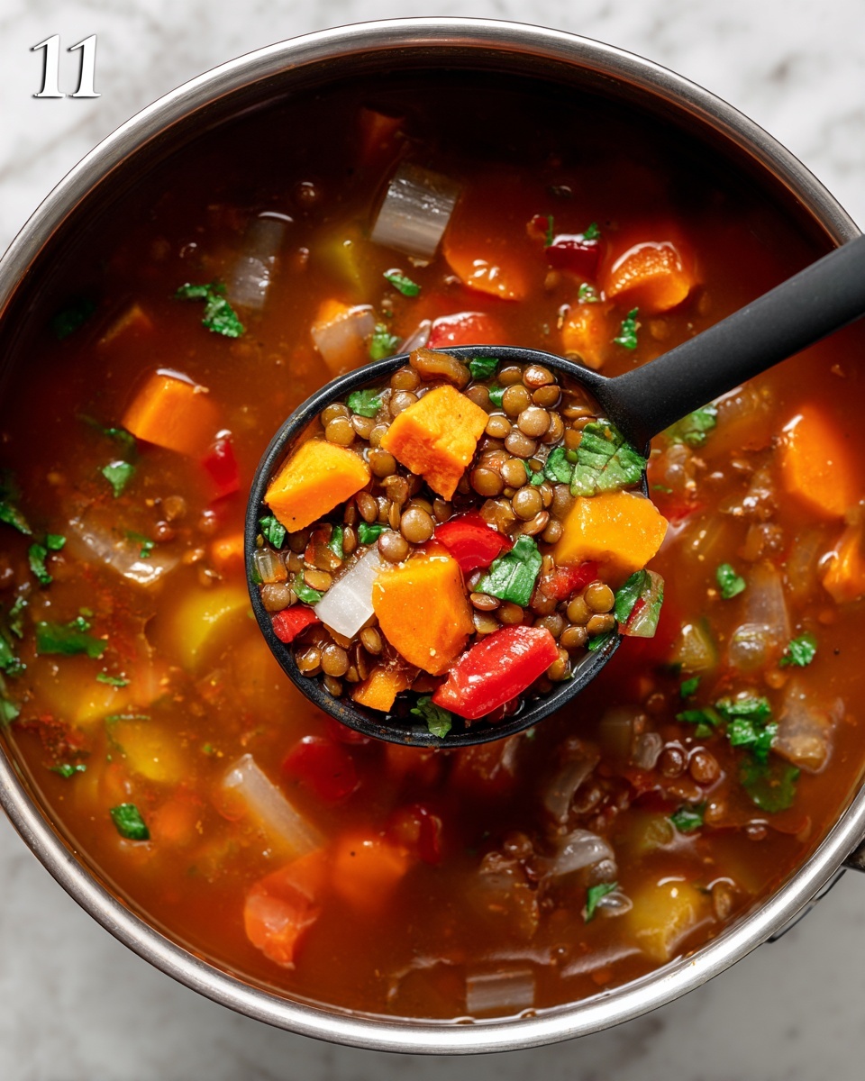 A close-up view of a glass food container filled with lentil and sweet potato soup. The soup has three main layers: the bottom layer is a light brown broth with small lentils floating throughout. The middle layer contains chunky orange sweet potato pieces, green celery sticks, and translucent purple onion slices. The top layer is sprinkled with fresh green parsley leaves that add a pop of color. The clear lid of the container is slightly lifted, showing a white label with handwritten text. The container rests on a white marbled surface. Photo taken with an iphone --ar 4:5 --v 7