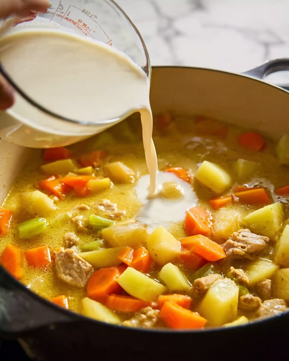 A large white pot filled with a thick stew showing orange carrot pieces, yellow potato chunks, and light brown shredded chicken all mixed in a golden-yellow broth. A woman's hand is pouring a creamy white liquid from a silver measuring cup into the center of the stew, creating a contrast with the warm colors of the soup. The background surface has a white marbled texture, providing a clean and simple setting. Photo taken with an iphone --ar 4:5 --v 7