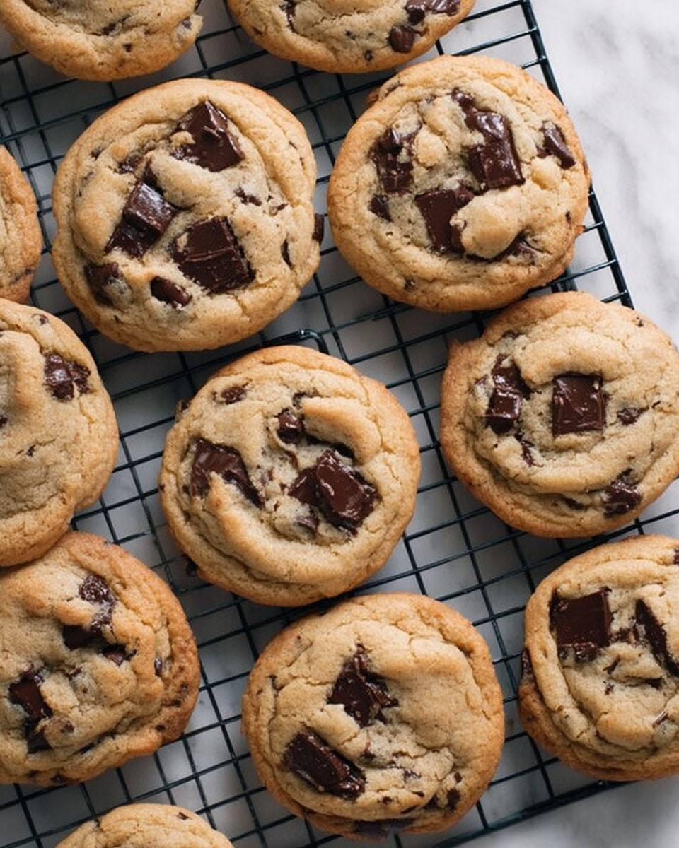 The image shows a group of chocolate chip cookies resting on a silver cooling rack, arranged in a loose grid across the surface. Each cookie is round and light golden brown with darker brown baked edges, featuring chunks of dark chocolate embedded throughout. The surface of the cookies appears soft with slight cracks and the chocolate pieces have a glossy texture. The background consists of a white marbled surface beneath the rack. Photo taken with an iphone --ar 4:5 --v 7