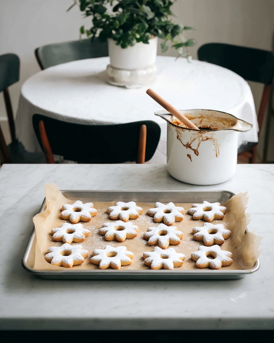 A silver baking tray holds twelve sandwich cookies on brown parchment paper, arranged in four rows. Each cookie has two light golden layers with a creamy filling in the middle, topped with powdered sugar; the cookies are either round with scalloped edges and a small circular hole in the center, or star-shaped with a star-shaped hole. The tray sits on a white marbled countertop. To the right, there is a white pot with thick brown sauce inside and a wooden spoon resting in it, with some sauce dripping down the side. In the background, a round table covered with a white cloth and two black chairs are visible, with a white pot containing a green leafy plant on the table. photo taken with an iphone --ar 4:5 --v 7