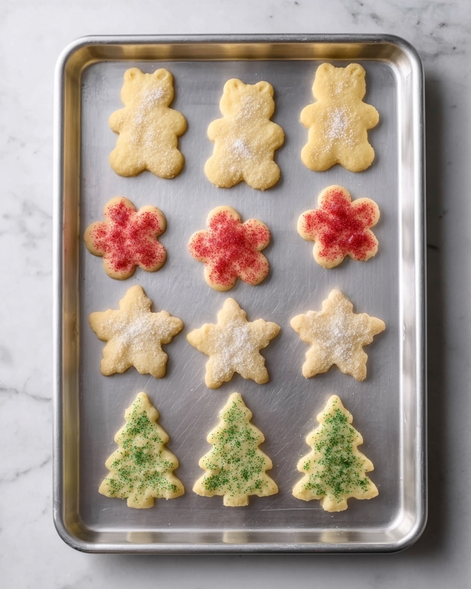 A white bowl lined with white parchment paper holds a pile of small yellow cookies shaped like flowers and Christmas trees. Each cookie has a smooth texture with edges showing a slightly soft, baked look. The cookies are decorated with different colored sprinkles on top: red, green, white, and light brown, creating a festive pattern. Around the bowl, on a white marbled surface, a few similar cookies are scattered casually, showing their flat tops and sprinkled decorations clearly. A piece of cloth with a red checkered pattern is partially visible on the right side. Photo taken with an iphone --ar 4:5 --v 7
