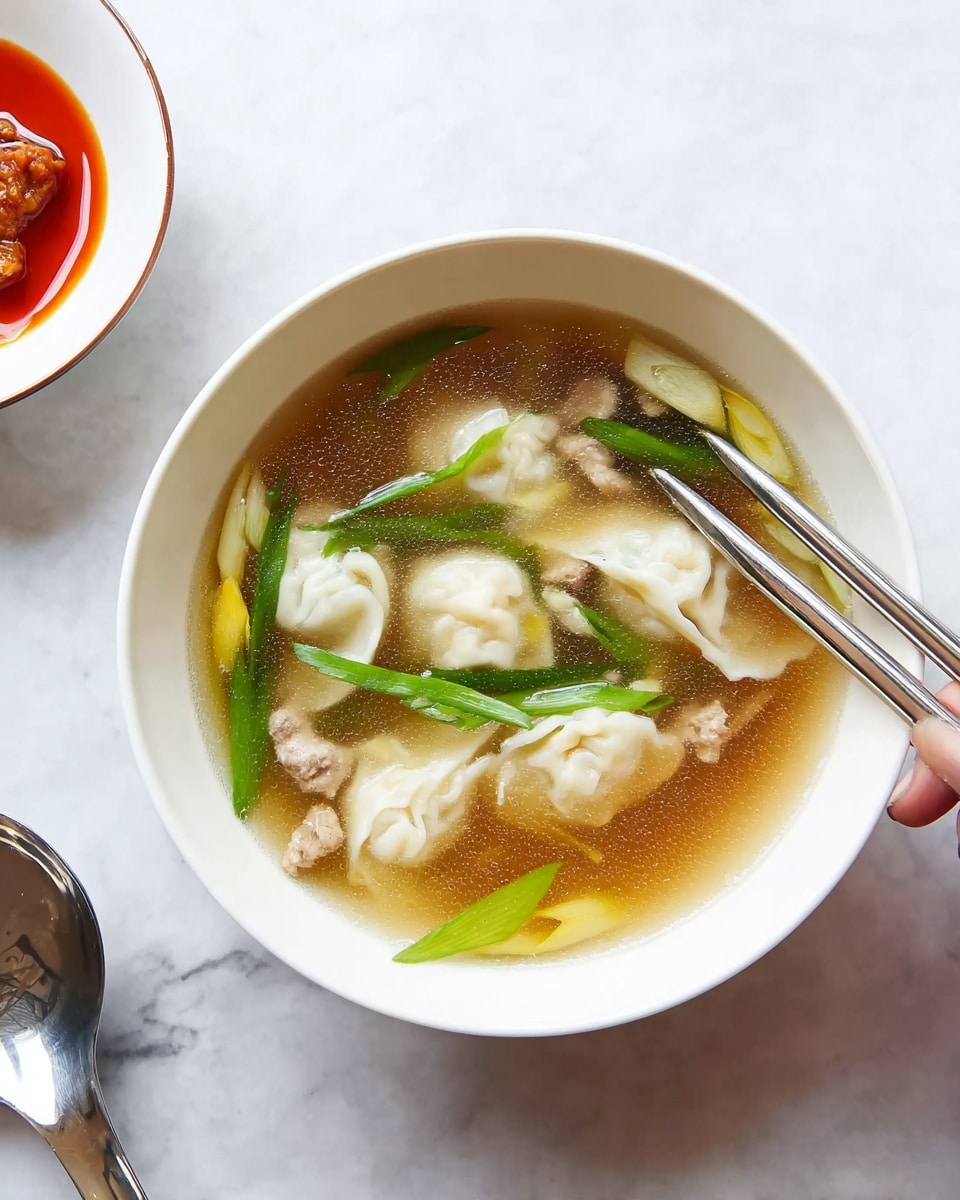 A white bowl filled with clear broth soup containing five white dumplings arranged in a circular pattern, with pieces of soft, light brown meat and bright green spring onion sections scattered throughout. Light yellow egg ribbons float gently in the soup, adding texture contrast. The bowl sits on a white marbled surface near the top left corner of a white bowl partially visible with a side dish of orange-colored contents. On the right side, a shiny metal spoon with a floral pattern on the handle rests on the surface. photo taken with an iphone --ar 4:5 --v 7