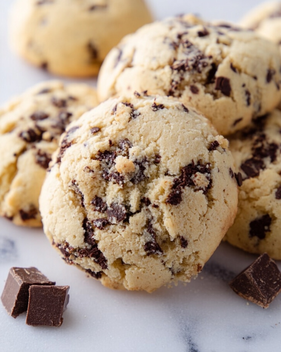 A close-up of a soft chocolate chip cookie with a light golden-brown color and many small dark chocolate chips spread throughout its round shape, showing a slightly cracked, textured surface. The cookie is placed on a white marbled surface, with a few more cookies blurred in the background, and some scattered chocolate chips near the edge. Photo taken with an iphone --ar 4:5 --v 7