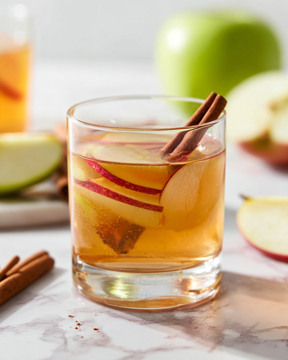 A clear glass filled with light amber liquid, with thin slices of red apple floating in the drink, and a cinnamon stick resting on top inside the glass. The glass sits on a white marbled surface with cinnamon sticks placed beside it. In the background, there is a whole green apple and a stack of thin apple slices laying flat near the glass. The overall scene has a bright, clean look with soft lighting. photo taken with an iphone --ar 4:5 --v 7
