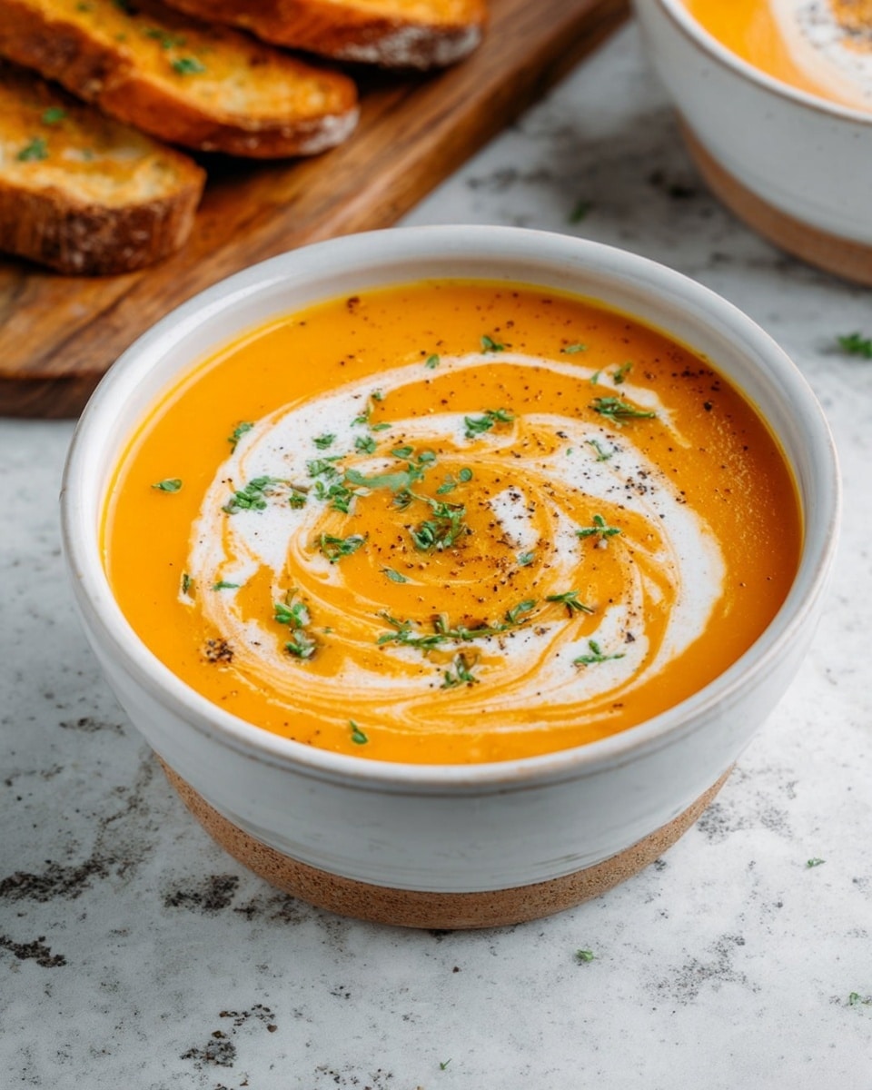 The image shows two bowls of smooth orange soup placed on a white marbled surface. Each bowl is white with a speckled texture and contains a swirl of creamy white liquid on top, creating a spiral pattern across the soup’s surface. Small green herb leaves and a few specks of black pepper are scattered over the soup, adding contrast and detail. To the left, there is a wooden board holding toasted slices of golden-brown bread, partially visible. The overall look is warm and inviting, with a focus on the contrast between the orange soup, white bowls, and white cream swirls. Photo taken with an iphone --ar 4:5 --v 7