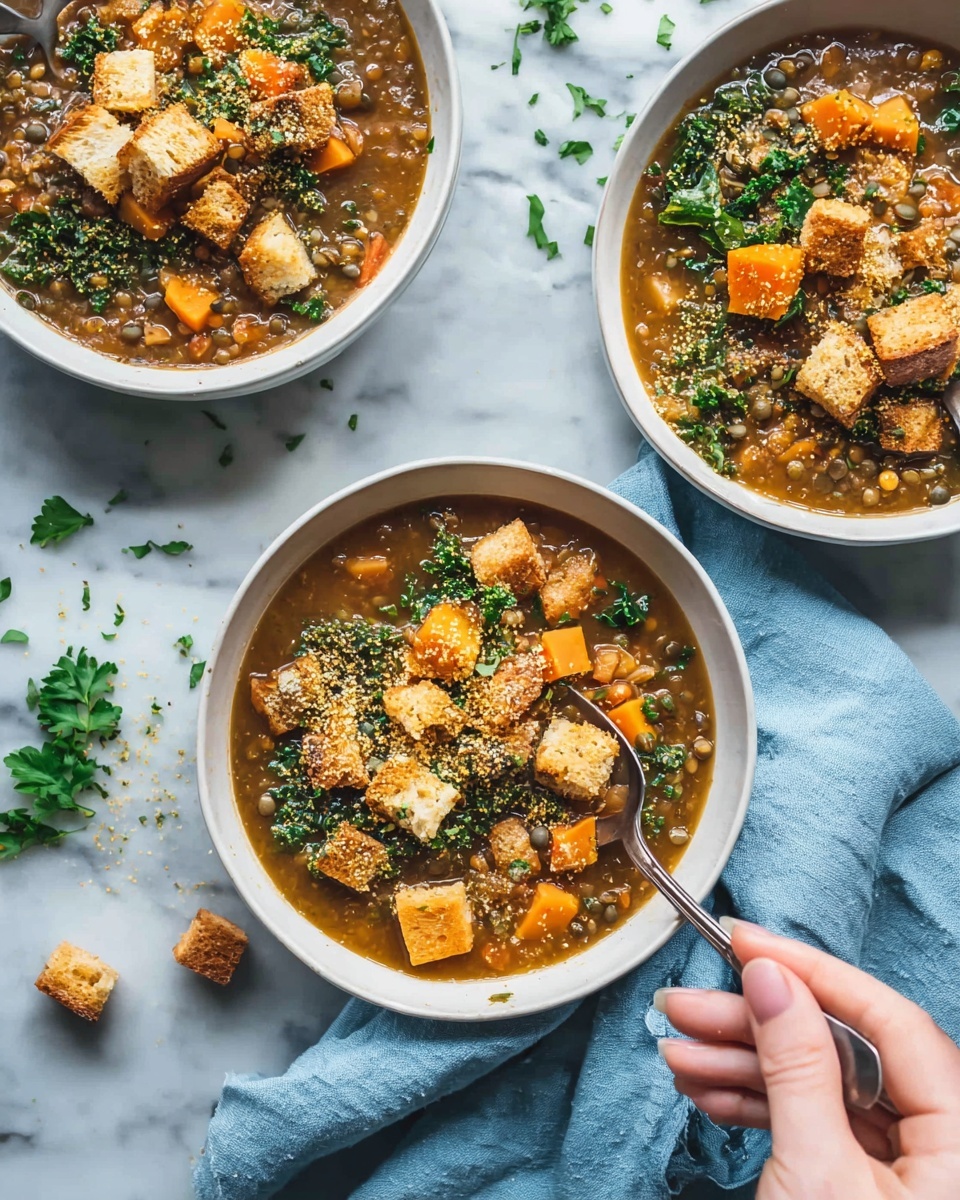 A white bowl filled with soup sits on a white marbled surface, with a visible layer of dark green leafy spinach and diced orange sweet potatoes mixed with small beans and lentils. The broth looks thick and lightly brown, showing a mix of textures with chunks and soft pieces. There are small pieces of golden toasted bread crumbs sprinkled on top. A woman's hand is holding a spoon dipping into the bowl from the lower right corner. In the background, a white bowl with more soup and a silver spoon rests on the white marbled surface, along with a light blue cloth to the left. Some green leaves are scattered on the surface around the bowl. Photo taken with an iphone --ar 4:5 --v 7