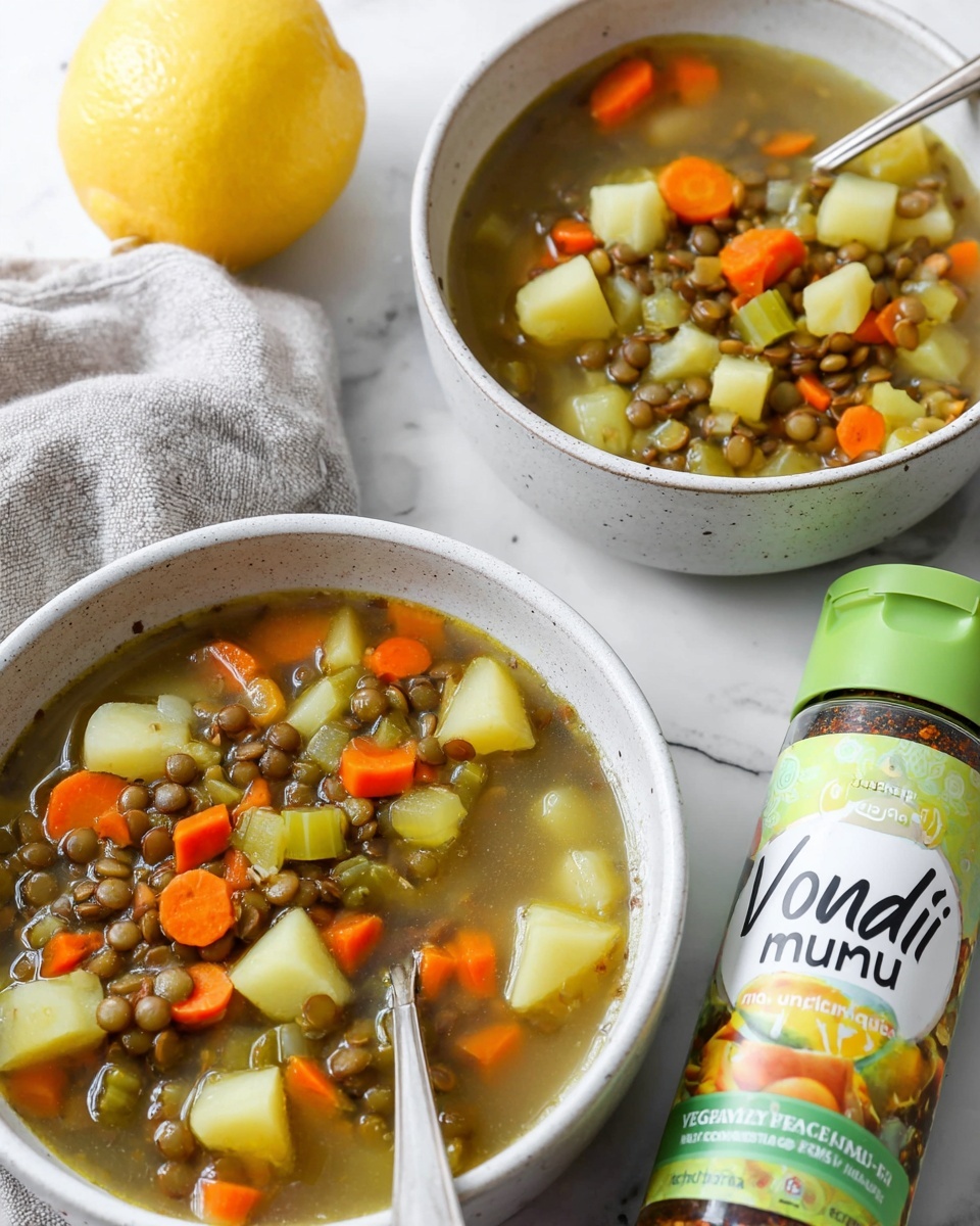 Two white bowls of lentil soup are shown on a white marbled surface. Each bowl contains three visible layers: the bottom layer is a clear broth, the middle layer consists of small, round lentils with a greenish-brown color, and the top layer has diced vegetables including bright orange carrots, pale yellow potatoes, and light green celery pieces. One bowl has a silver spoon resting inside. Nearby, there is a gray cloth and a white seasoning bottle with green and brown decorations that reads