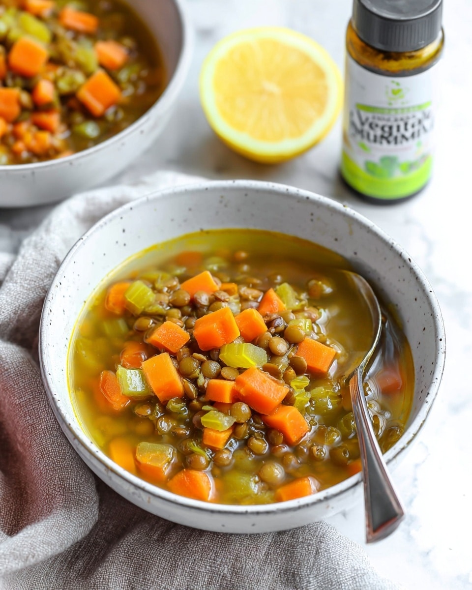 A close-up of a bowl filled with vegetable lentil soup, showing three main visible layers: the top layer is a clear broth with orange carrot chunks, green celery pieces, and small round light brown lentils floating on the surface; the middle layer beneath them contains more lentils and soft-looking cooked vegetables with a mix of orange, green, and pale tones; the bottom is filled with a deeper broth base. The bowl is white with a thin brown rim and is placed on a white marbled surface with a soft beige cloth beside it. A metal spoon rests inside on the left side of the bowl, partially submerged in the soup. Nearby is a bottle and a bright yellow lemon partly visible. Photo taken with an iphone --ar 4:5 --v 7