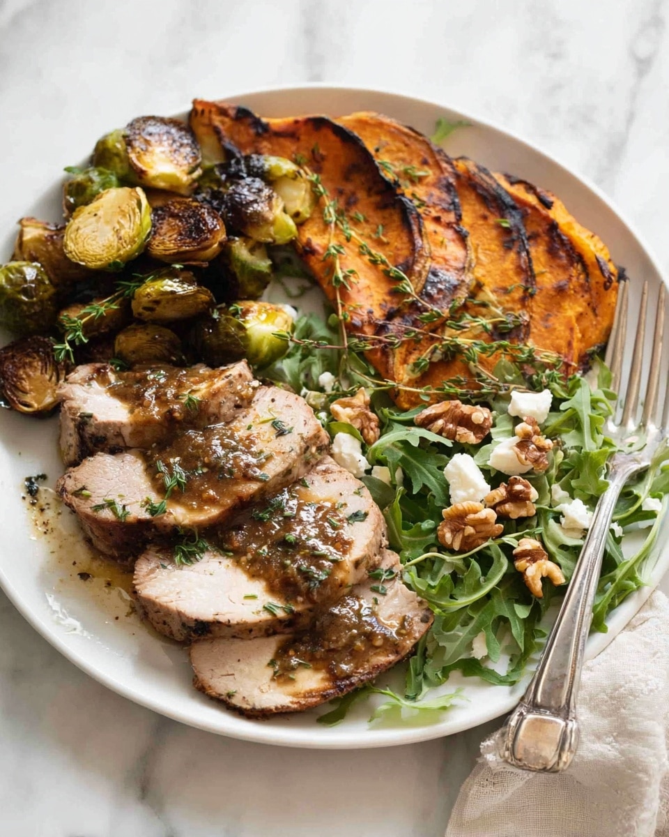 A white plate on a white marbled surface holds a meal with three main parts: slices of cooked chicken with herb sauce on the left side, a small pile of browned Brussels sprouts at the top, and roasted sweet potato rounds on the right with some green leaves and crumbled white cheese. The chicken is cut into about four slices, showing a slightly golden brown color with some herbs on top. The Brussels sprouts are browned with some dark crispy edges. The sweet potatoes are orange, roasted to a darker brown with some texture and small nuts mixed with green leaves. A silver fork rests on the left side of the plate. Photo taken with an iphone --ar 4:5 --v 7