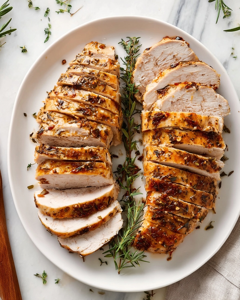 On a large white oval plate, two pieces of golden brown cooked meat are sliced into even layers, about ten slices each. The meat shows a moist, light pink inside with a nicely browned outside sprinkled with small herbs and seasoning. Some green herbs are placed around the meat for decoration. The plate is set on a white marbled surface with a wooden-handled knife visible to the side. The photo taken with an iphone --ar 4:5 --v 7