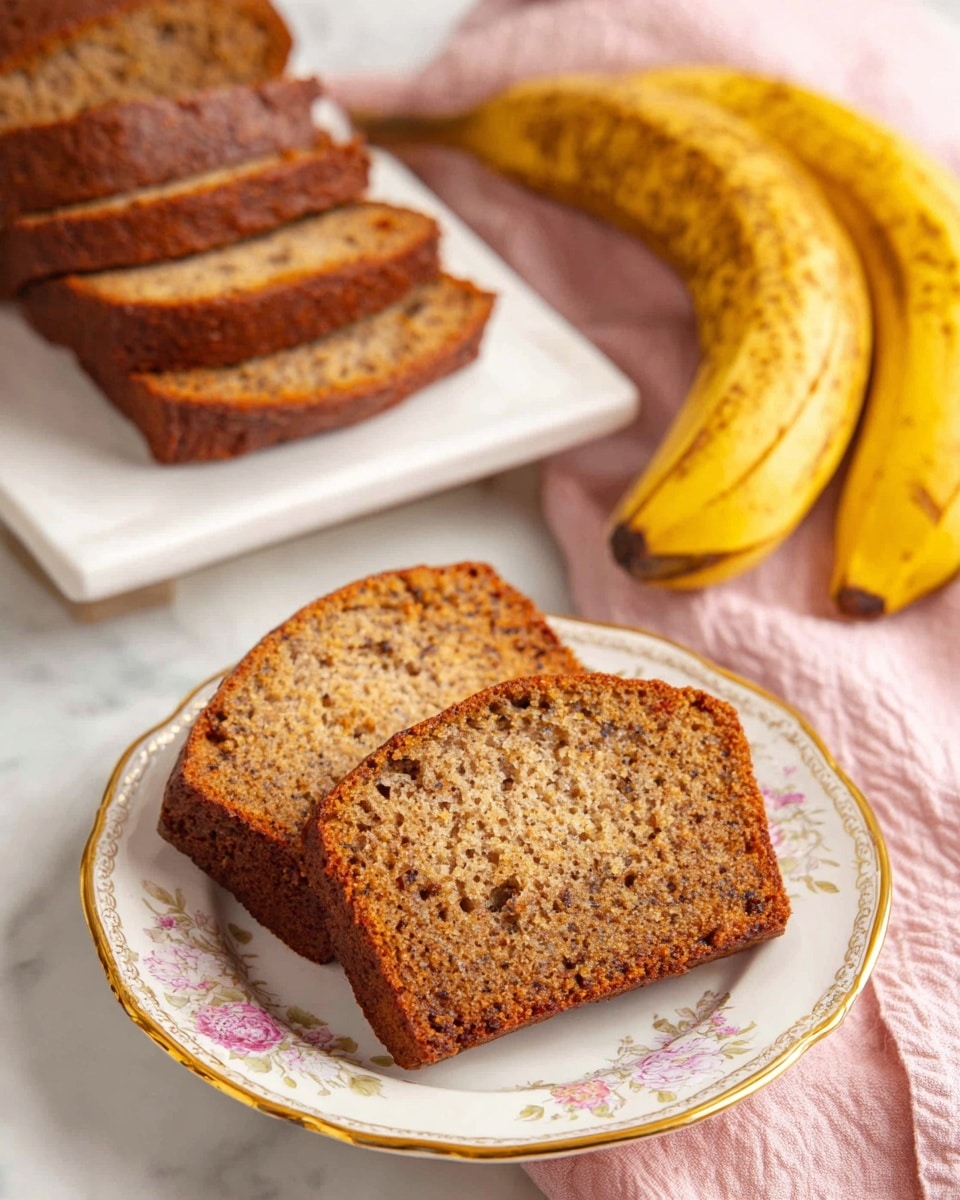 Two slices of brown banana bread with a textured crumb are placed on a white plate decorated with floral patterns and a gold rim near the bottom center of the image. Behind this plate, there is a white rectangular plate holding multiple banana bread slices arranged overlapping each other. On the right side, there is a bunch of ripe yellow bananas with brown spots. A pink cloth with scalloped edges lays underneath the white plate, and all items sit on a white marbled surface. Photo taken with an iphone --ar 4:5 --v 7