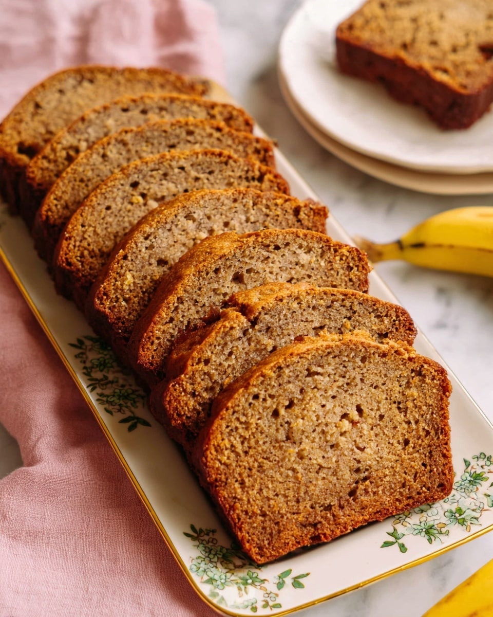 The image shows a white rectangular plate with a delicate golden rim and floral design, holding seven slices of moist, brown banana bread arranged in a slightly overlapping row. The bread has a dense but soft texture with visible small chunks and darker spots inside. In the background, two more slices lay on a white plate with a similar design, resting on a white marbled surface next to a pale pink cloth. A ripe yellow banana is partially visible at the bottom right corner. Photo taken with an iphone --ar 4:5 --v 7