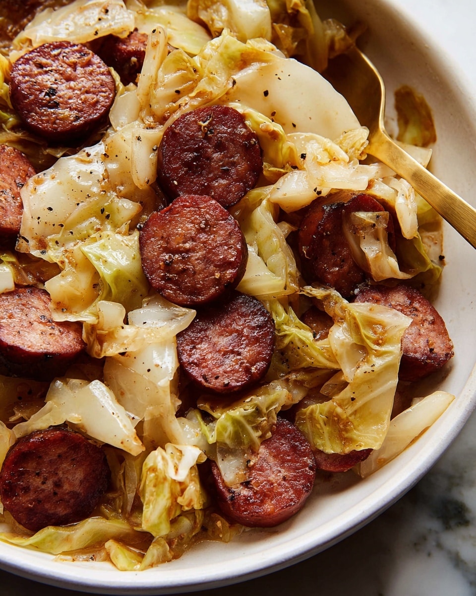 A close-up view of a dish in a white bowl with cooked cabbage and sliced sausage. The cabbage is soft, light yellow with some brown hints from cooking, and has a slightly wet texture. The sausage slices are dark reddish-brown, with a crispy, seared surface. A gold spoon rests in the bowl, partially lifting some cabbage and sausage slices. The dish sits on a white marbled surface. photo taken with an iphone --ar 4:5 --v 7