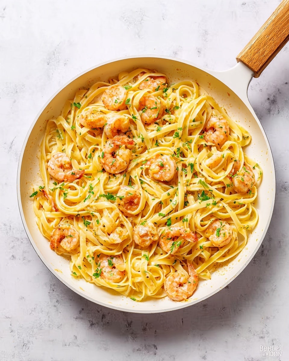 A white pan with a wooden handle holds a dish of light yellow fettuccine pasta mixed with pink shrimp scattered evenly throughout. The shrimp are small to medium size, with a slightly shiny, cooked texture. The pasta and shrimp are garnished with small green parsley leaves, adding color contrast. The pan is placed on a white marbled surface that shows light gray veins. The overall look is fresh and simple. photo taken with an iphone --ar 4:5 --v 7