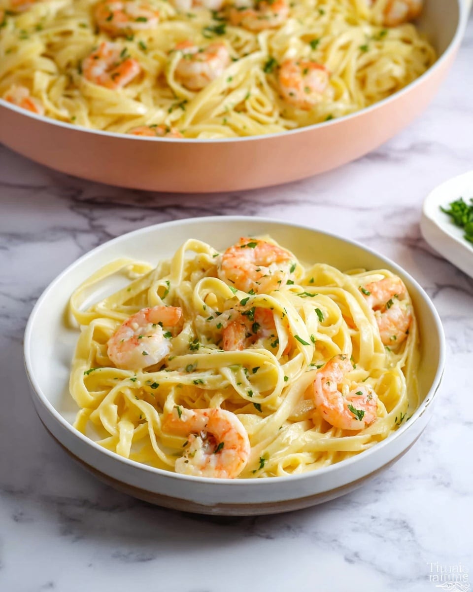 A white round shallow plate holds a serving of fettuccine pasta mixed with small, pink-orange cooked shrimp evenly spread throughout. The pasta is light yellow with a smooth texture, twisted and layered naturally in the plate. Green chopped herbs are sprinkled on top for color contrast. Behind the plate, a shallow white bowl containing more of the shrimp pasta sits on a white marbled surface. The lighting is bright and natural, highlighting the glossy, slightly oily surface of the pasta and shrimp. photo taken with an iphone --ar 4:5 --v 7