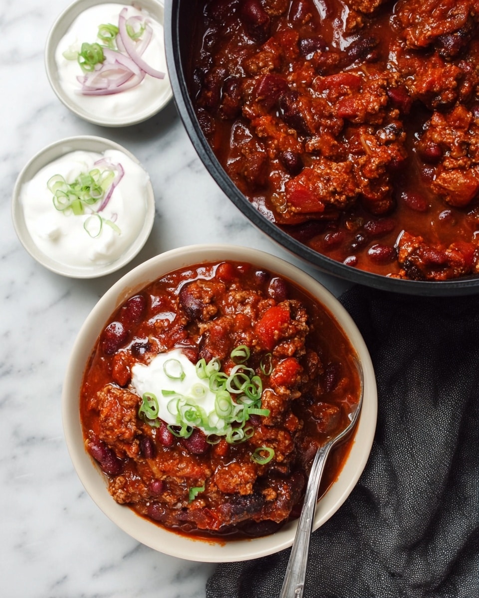A dark cast iron pot filled with a rich, chunky chili showing layers of deep reddish-brown cooked meat mixed with dark red and black beans, and small pieces of orange-red tomatoes, accented with chopped green onions on top. A metal spoon is dipping into the chili, lifting some of the thick mixture. Around the pot on the white marbled surface are three small white dishes, one with chopped green onions, one with white sauce topped with green onion, and one with thin pale pink onion rings. A gray cloth is seen at the edge of the image. Photo taken with an iphone --ar 4:5 --v 7