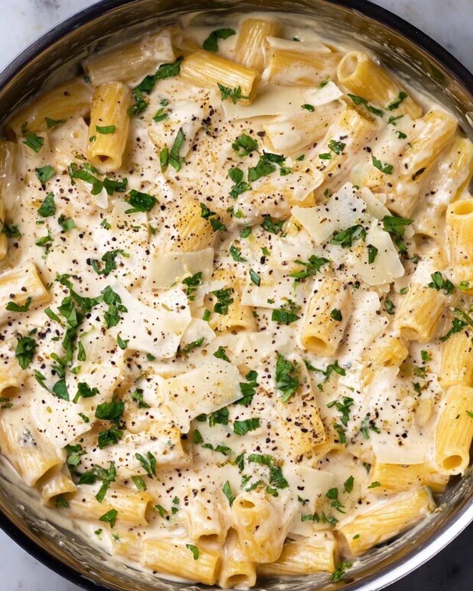 The image shows a close-up of a pasta dish in a white bowl on a white marbled surface. The dish has three main layers: the base layer is creamy white sauce with a smooth texture, the middle layer consists of yellow penne pasta scattered evenly, and the top layer is garnished with small pieces of green herbs and whipped white cheese. Black pepper is sprinkled all over the top, adding fine dark specks. Photo taken with an iphone --ar 4:5 --v 7