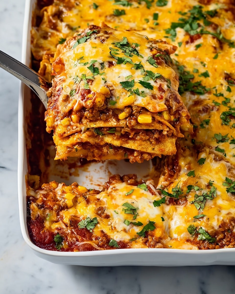 The image shows a white square dish filled with a layered cheesy casserole. The top layer is covered with melted yellow and white cheese, sprinkled with chopped green herbs. Below the cheese, there are layers of rich red sauce mixed with melted cheese and pieces that look like soft chips or tortillas. A woman’s hand is holding a spatula lifting a square piece from the dish, showing the thick layers of sauce, cheese, and chips stacked closely together. The dish sits on a white marbled surface. Photo taken with an iphone --ar 4:5 --v 7
