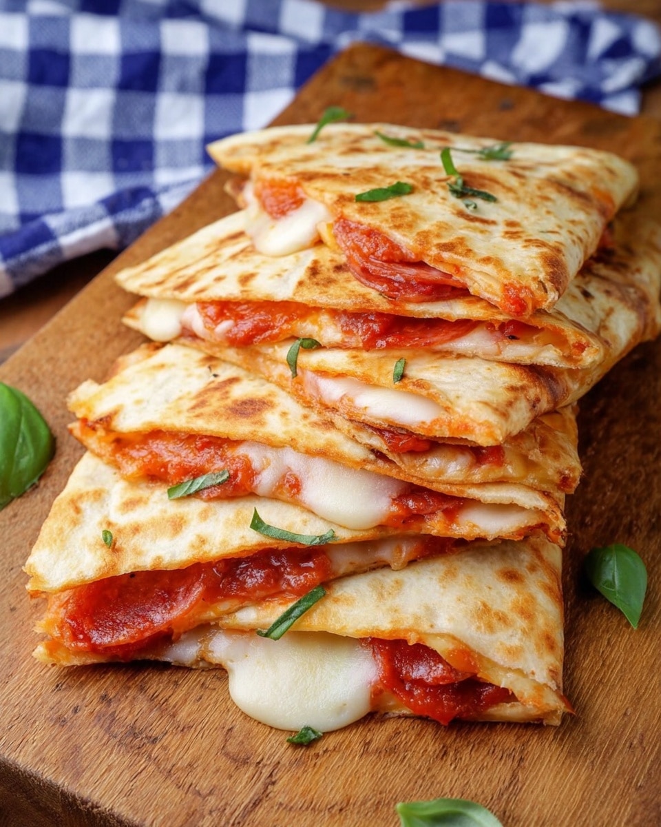 The image shows several folded quesadillas stacked on a light brown wooden cutting board, placed on a blue and white checkered cloth. Each quesadilla has a toasted golden-brown tortilla exterior with a slightly crispy texture on the edges. Inside, melted white cheese blends with bright red tomato sauce and visible slices of pepperoni, with some fresh green basil leaves sprinkled on top and around the quesadillas. The cheese is soft and pulls slightly from the edges, while the pepperoni adds a rich red color. The overall look is warm, cheesy, and inviting. Photo taken with an iphone --ar 4:5 --v 7
