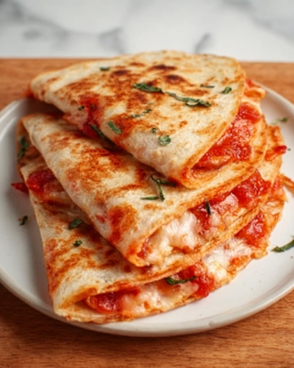The image shows a wooden board holding three folded quesadillas with crispy golden-brown outer layers. Each quesadilla is filled with melted white cheese and red tomato sauce that slightly oozes out from the edges, giving a soft texture contrast inside. Small fresh green basil leaves are scattered on top and around the quesadillas, adding a pop of color. The quesadillas are placed closely together on a white marbled surface. The photo taken with an iphone --ar 4:5 --v 7
