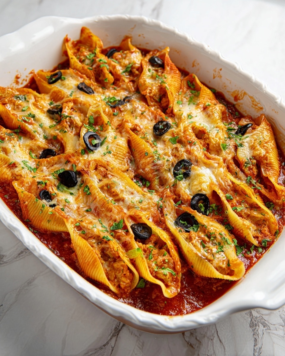 A white baking dish filled with many stuffed pasta shells arranged close together in one layer, each shell covered with a rich red tomato sauce and melted yellow cheese. The shells have a slightly rough texture with some melted cheese peeking out, and the dish is topped with scattered sliced black olives, small green onion pieces, and fresh green cilantro leaves. The dish sits on a white marbled surface. photo taken with an iphone --ar 4:5 --v 7