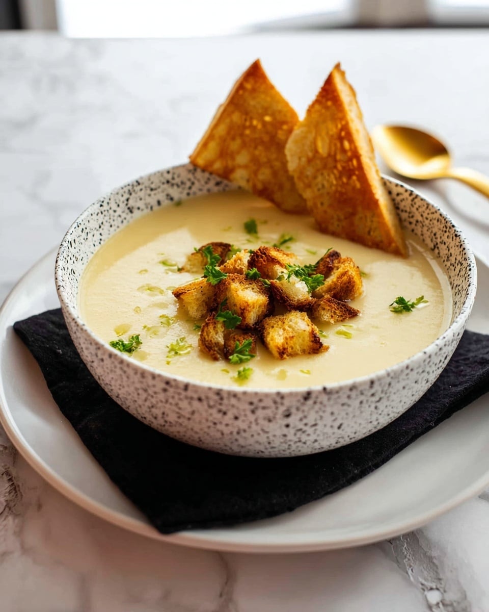 A white bowl with black speckles holds a smooth, creamy light beige soup. On top of the soup, there is a pile of golden-brown croutons and small green herb leaves, adding texture and color contrast. The bowl sits on a larger plain white plate. Next to the plate, there are two pieces of toasted bread, golden and crisp. The setting is on a white marbled surface with a folded dark cloth underneath the plate, and a gold spoon is blurred in the background. photo taken with an iphone --ar 4:5 --v 7