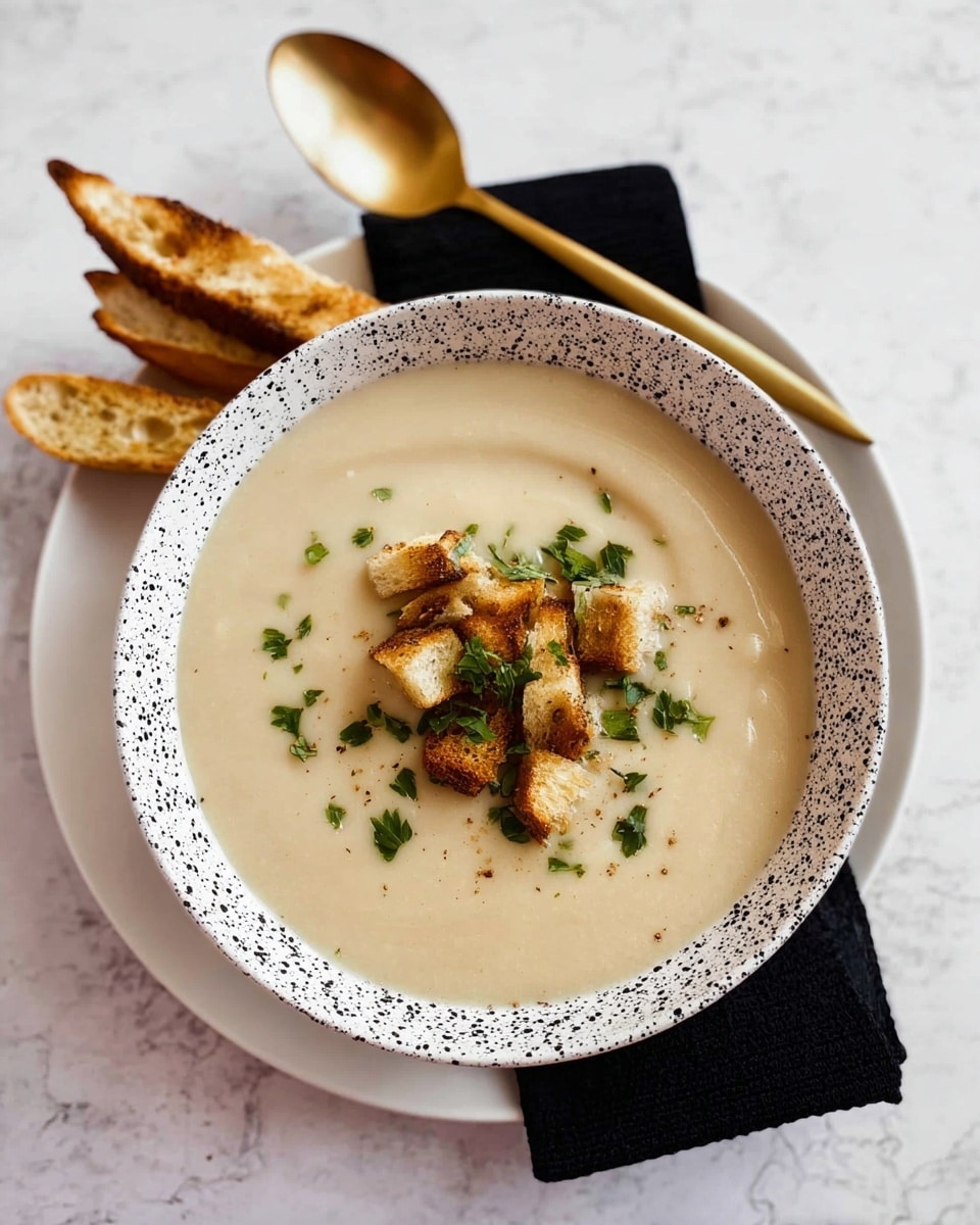 A white bowl with black splatter patterns holds a smooth, creamy beige soup filled nearly to the edge, topped with scattered chunks of golden brown toasted bread and small bright green parsley leaves in the center. The bowl sits on a plain white plate, which rests on a neatly folded dark blue napkin. Two pieces of toasted bread with a rough texture lie beside the bowl on the white marbled surface. Behind the bowl, a golden spoon rests on the surface. The photo has soft natural light taken with an iphone --ar 4:5 --v 7