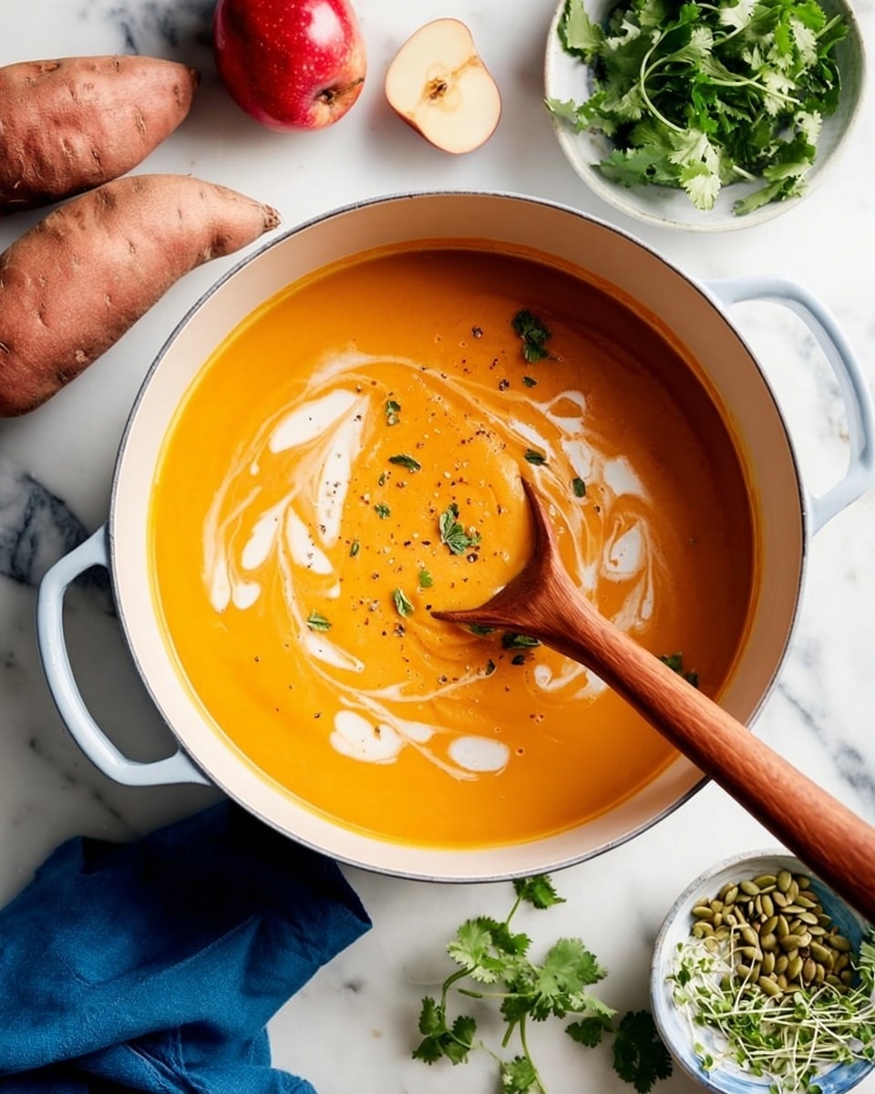 A large white bowl filled with thick orange soup, likely pumpkin or carrot, with swirls of white cream and a drizzle of oil on the surface. A wooden spoon rests in the bowl, partially dipped into the soup. Around the bowl, there is a slice of rustic bread with a light brown crust and airy inside, a small white dish with green pumpkin seeds, and some fresh green microgreens on a wooden plate. The background is a white marbled surface with a blue cloth napkin nearby. Photo taken with an iphone --ar 4:5 --v 7