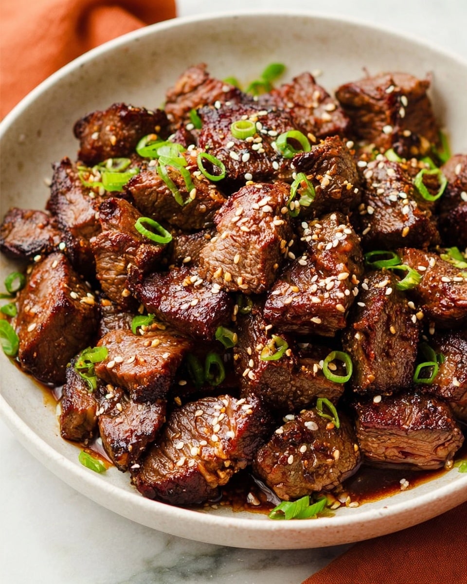 The dish shows multiple thick, dark brown cooked meat cubes with a slightly pink center, giving a look of tenderness. The meat pieces are arranged closely in a white bowl with a smooth texture. On top of the meat, there are small white sesame seeds scattered all over and thin slices of bright green spring onions adding a fresh color contrast. A glossy dark sauce lightly coats the meat, adding shine and richness to the presentation. The bowl is set on a white marbled surface. photo taken with an iphone --ar 4:5 --v 7