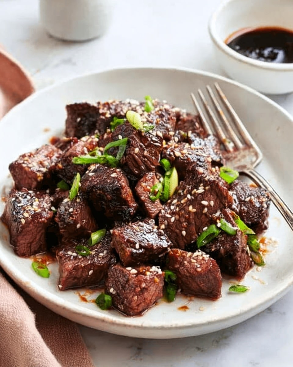 The image shows a white bowl filled with many small cubes of cooked beef that look tender and juicy, covered with a dark brown sauce and sprinkled with white sesame seeds and chopped green onions. The beef cubes have a shiny texture from the sauce and the green onions add a fresh, bright green color on top. The bowl sits on a white marbled surface, next to a small white cup filled with sauce, and a silver fork is placed inside the bowl on the right side. A woman's hand is holding a wooden spoon near the bottom right corner. photo taken with an iphone --ar 4:5 --v 7