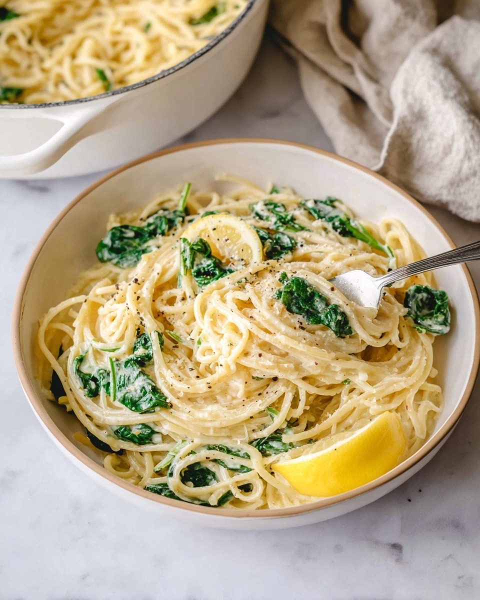 The image shows a white bowl filled with creamy spaghetti pasta mixed with bright green spinach leaves and sprinkled with grated cheese and black pepper. A single lemon wedge rests on the right side of the pasta. A silver fork is placed on the right edge of the bowl, holding some pasta strands. Behind the bowl, there is a white pan filled with more creamy spaghetti with spinach. The bowl and pan are set on a white marbled surface with a light beige cloth partially visible on the left side. photo taken with an iphone --ar 4:5 --v 7