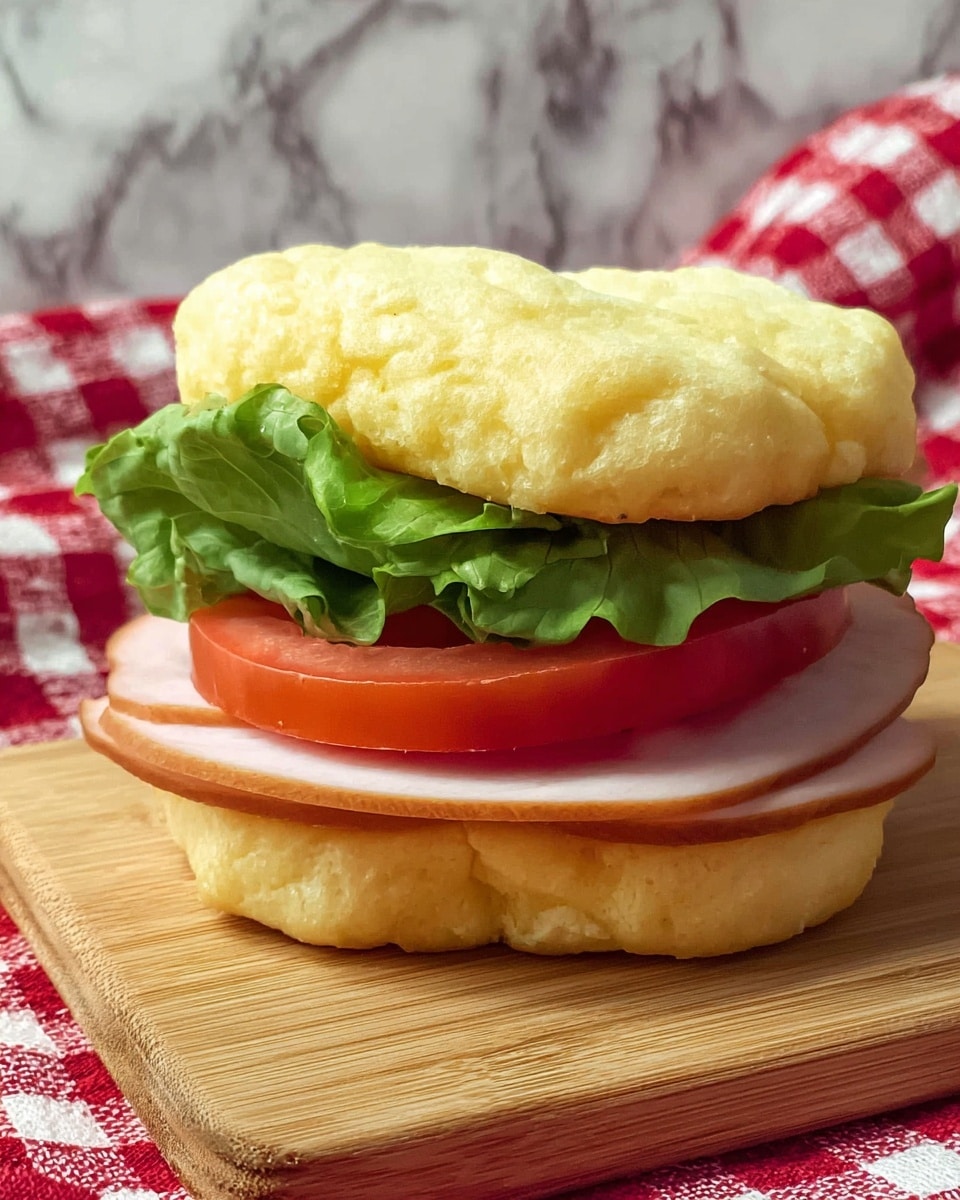 A sandwich sits on a wooden board with a red and white checkered cloth in the background. The sandwich has three layers: the bottom and top layers are light yellow puffed bread with a soft, fluffy texture. Between them is a thick slice of pink deli meat, followed by a bright green leaf of lettuce that looks fresh and slightly crinkled. Below the lettuce, a thick slice of red tomato adds a fresh and juicy look. The sandwich is simple with clearly defined, colorful layers. Photo taken with an iphone --ar 4:5 --v 7