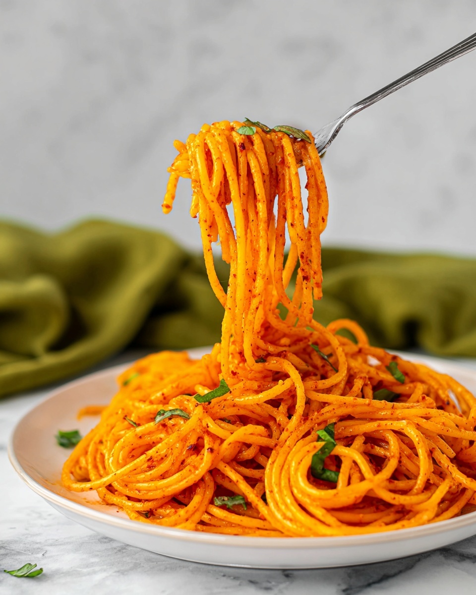 The image shows a white plate filled with several small nests of bright orange spaghetti, each coated evenly with a smooth, slightly textured sauce resembling a rich seasoning. The spaghetti strands are thick and glossy, with bits of chopped green herbs sprinkled across the dish, adding contrast to the orange hue. A woman's hand holds a fork lifting a swirl of the spaghetti off the plate, showcasing the long, stringy noodles that hang down freely. The background features a soft white marbled surface, keeping the focus fully on the vibrant pasta. photo taken with an iphone --ar 4:5 --v 7