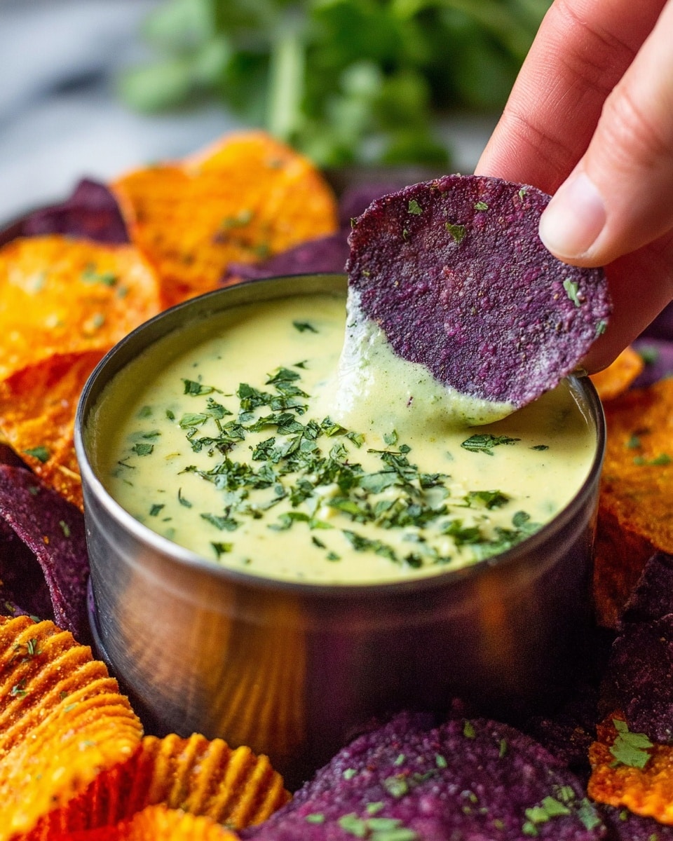 A round white plate filled with several wavy textured chips in three colors: dark purple, orange, and yellow with some green edges, all arranged around a small round bowl of creamy green sauce with fine green herbs mixed through it, placed exactly in the center. The plate sits on a white marbled surface. photo taken with an iphone --ar 4:5 --v 7